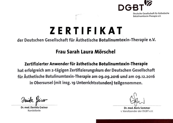 Zertifikat Sarah Laura Mörschel, Faltenunterspritzung Wiesbaden